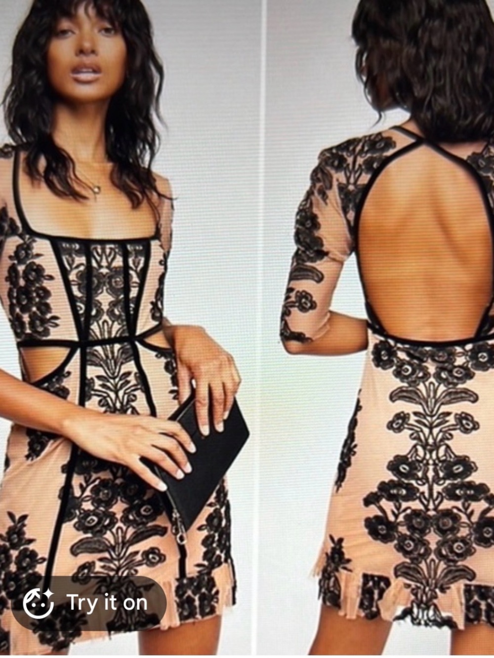 For Love and Lemons Temecula Mini Dress Sheer Embroidered Beige and Black Cutout